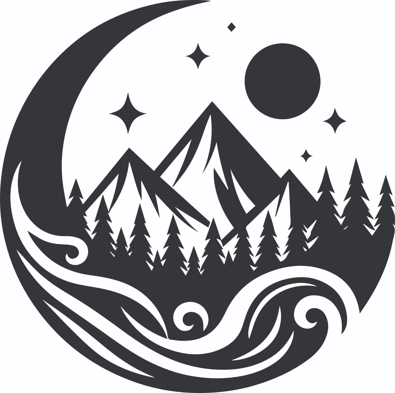 Die Cut Vinyl Decal Transfer Graphic Mountains, Trees, Stars & Moon 35+ Colors