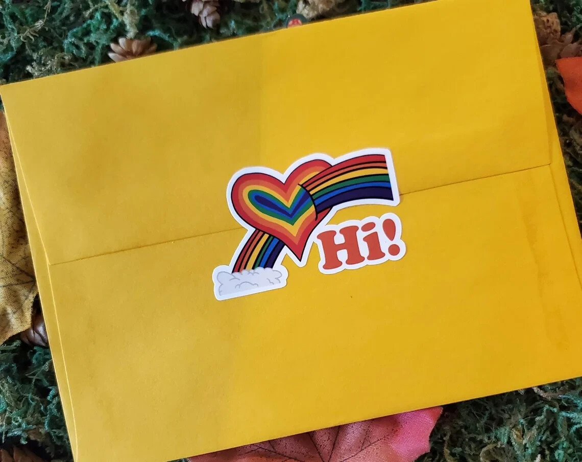 Handmade "Rainbow Love, Hi!" die cut stickers/seals. See description!