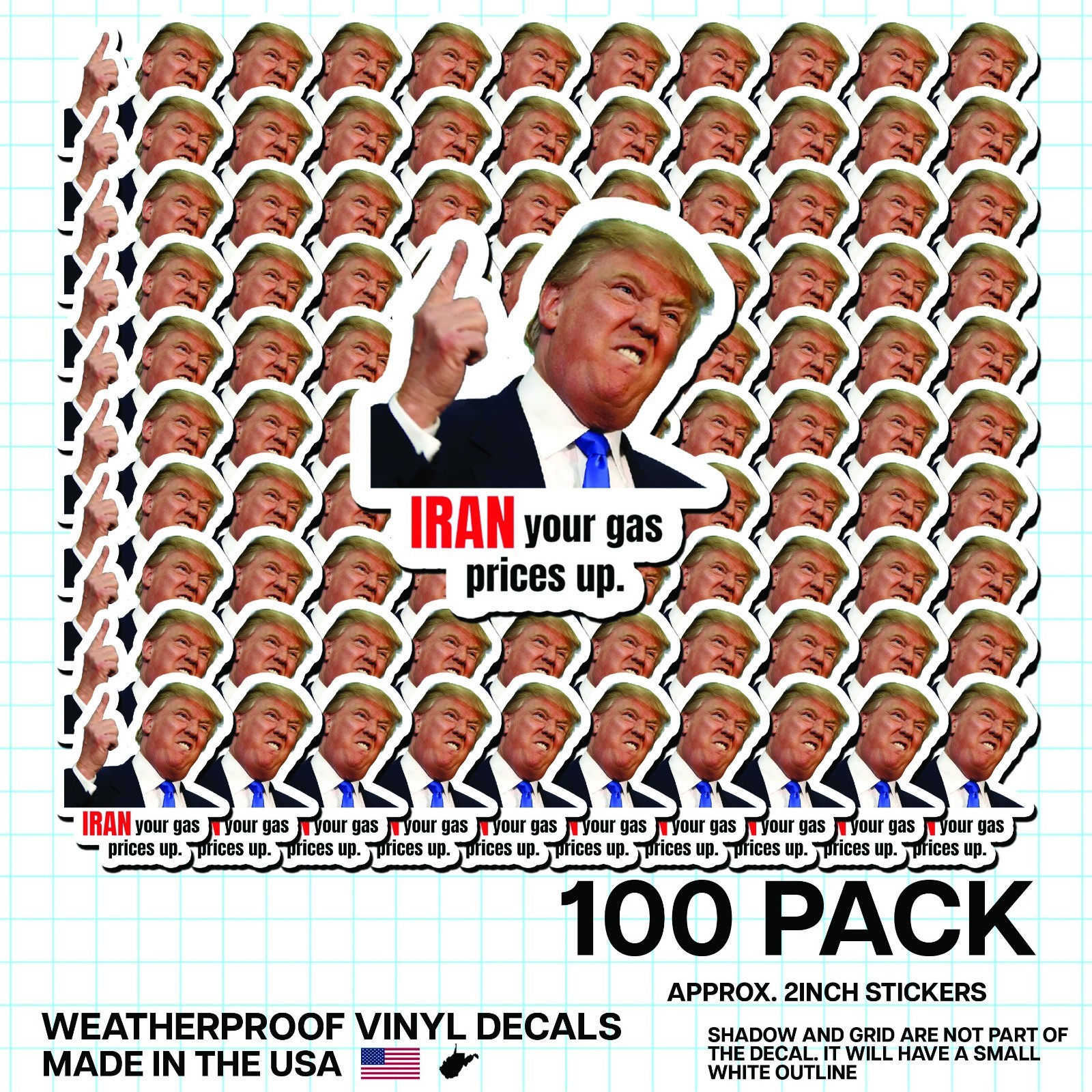 Trump “Iran Prices Up” Sticker 100 Pack Funny Gas Meme Political Decal 2"
