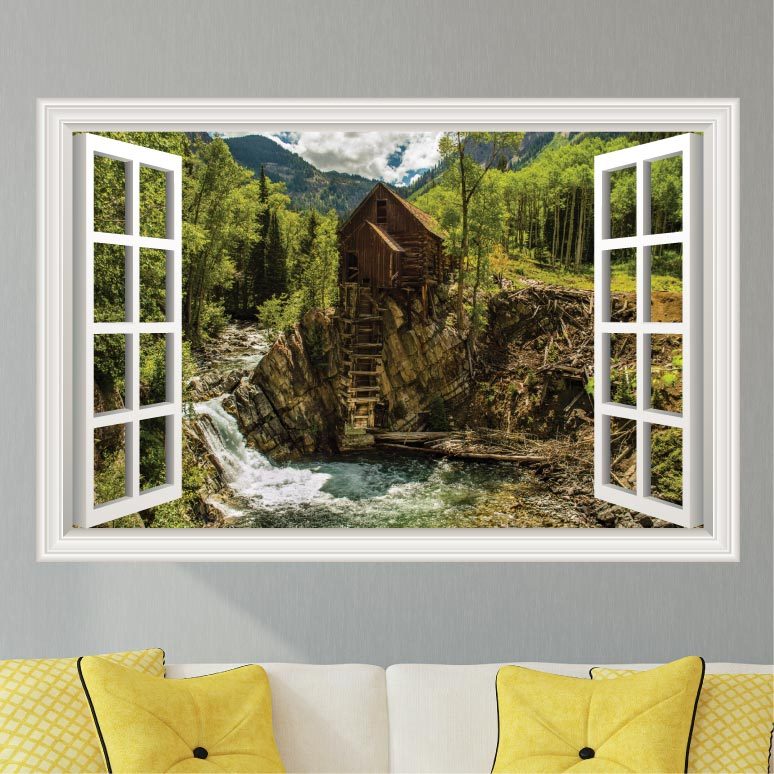 Mountains Cabin Waterfall Wall Decal Sticker Graphic Art – 4 Size Options