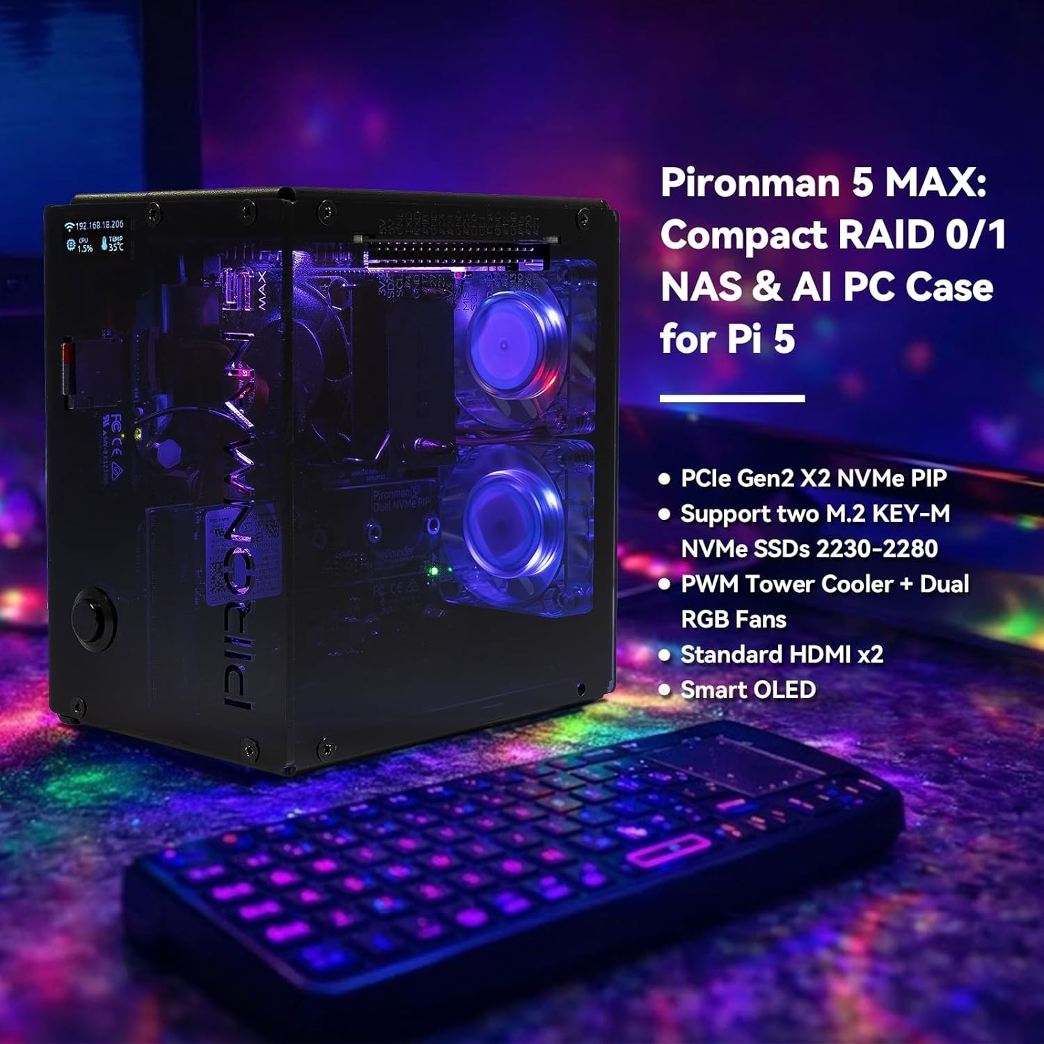 Pironman 5-MAX Dual Nvme M.2 SSD Pcie PC Case for Raspberry Pi 5 NAS RAID 0/1 Ha
