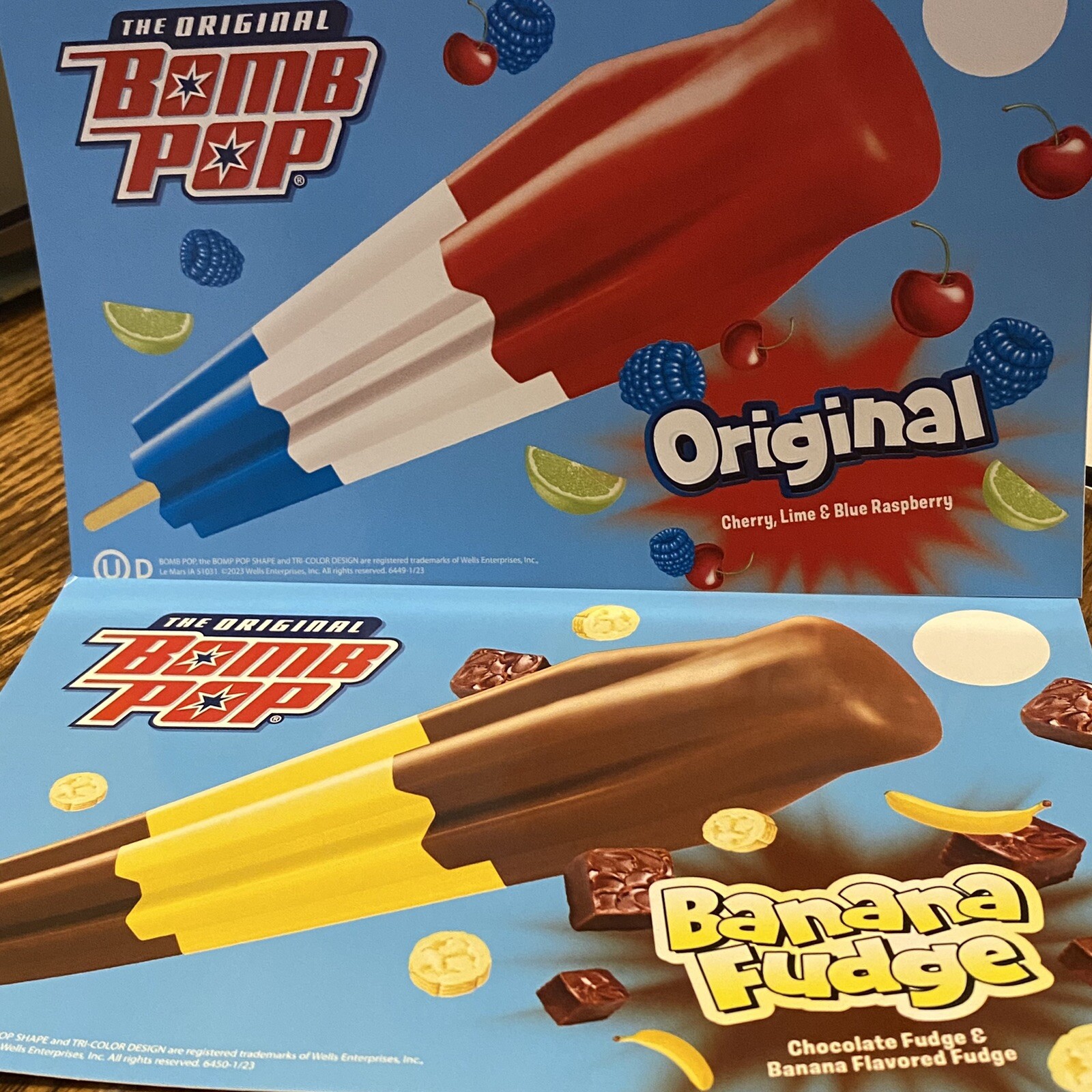set of 2 NEW Original Bomb Pop decals stickers red white blue & banana fudge yum