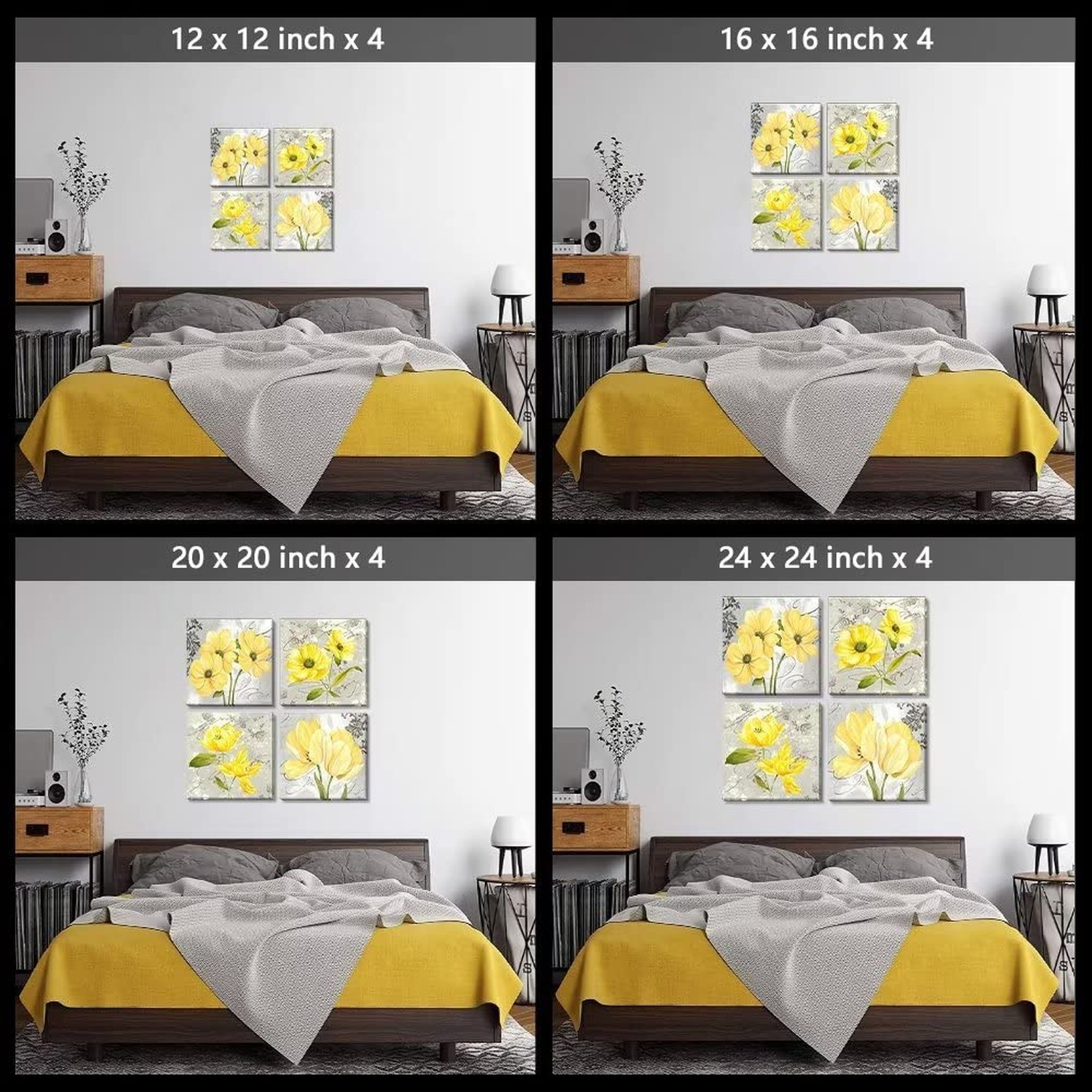 Yellow Wall Art Bedroom 4 Piece Grey Flower Pictures Kitchen Gray Floral Canv…