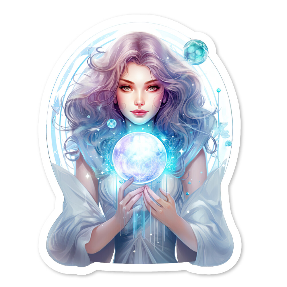 Girl and Crystal Ball Vinyl Sticker, Scrapbook, Water Bottle, Collectible