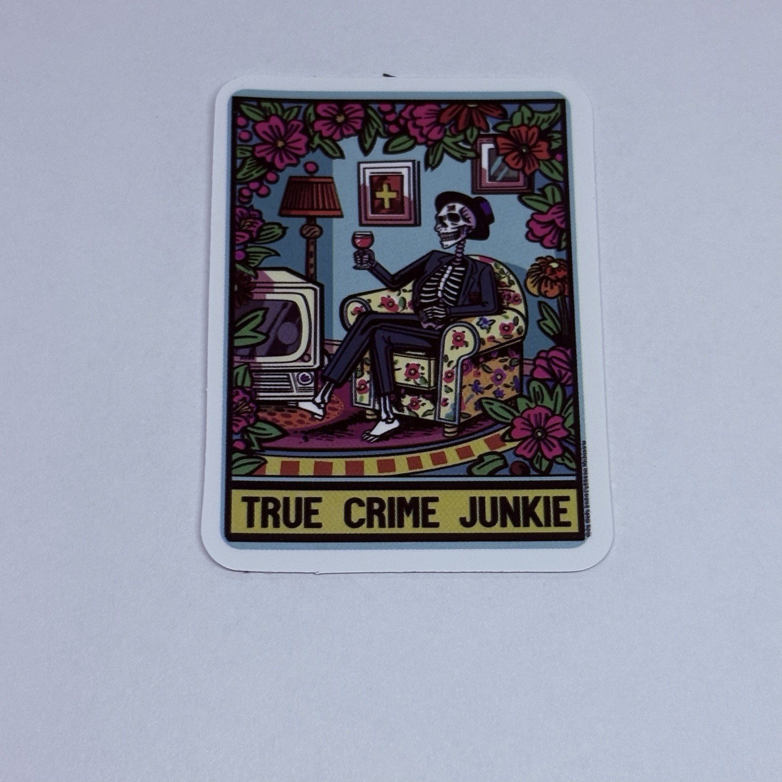 “True Crime Junkie” Skeleton Tarot Sticker Decal Humor Gothic Art Vinyl Tc9