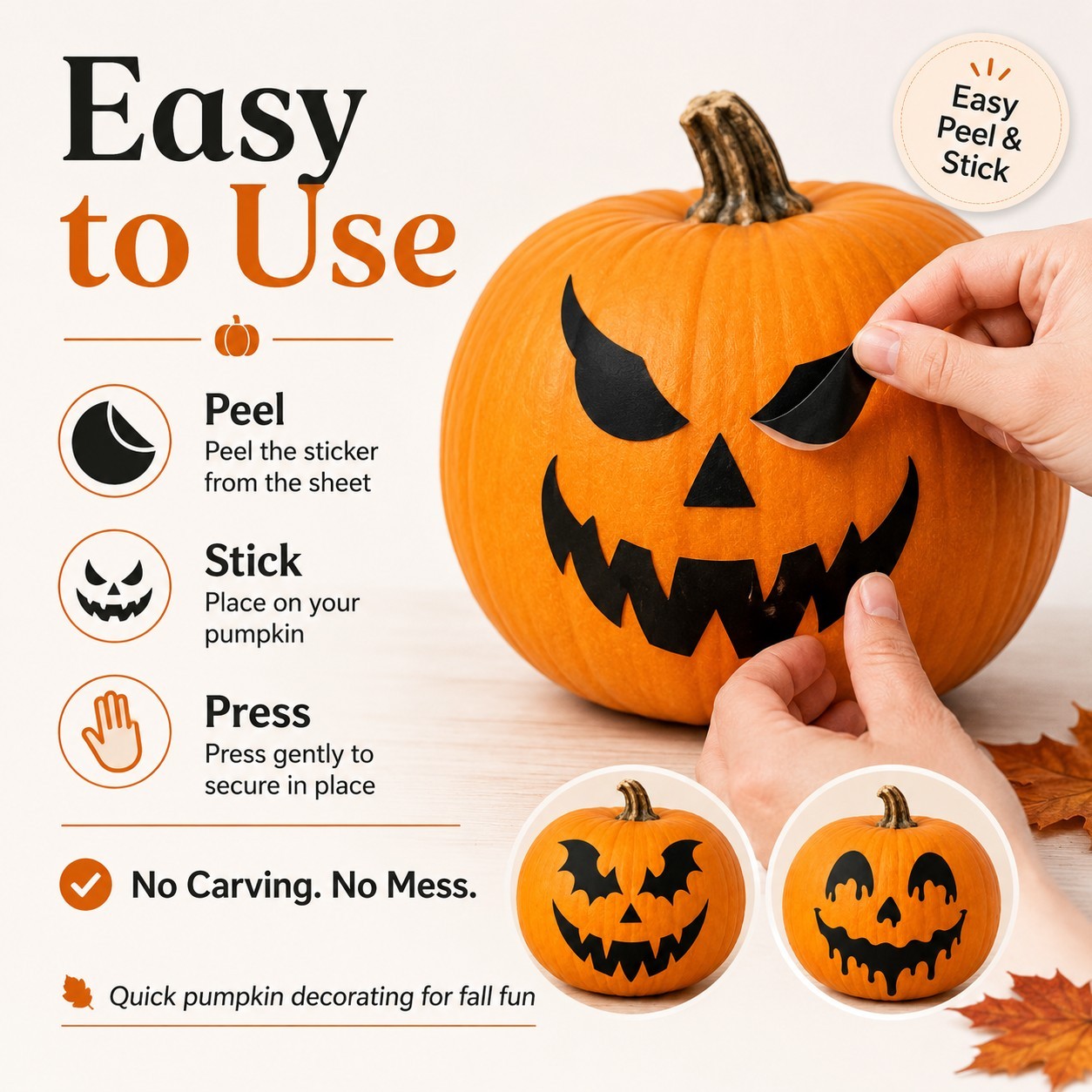 Halloween Pumpkin Face Sticker Set | 4 Reusable Jack-O'-Lantern Vinyl Decals