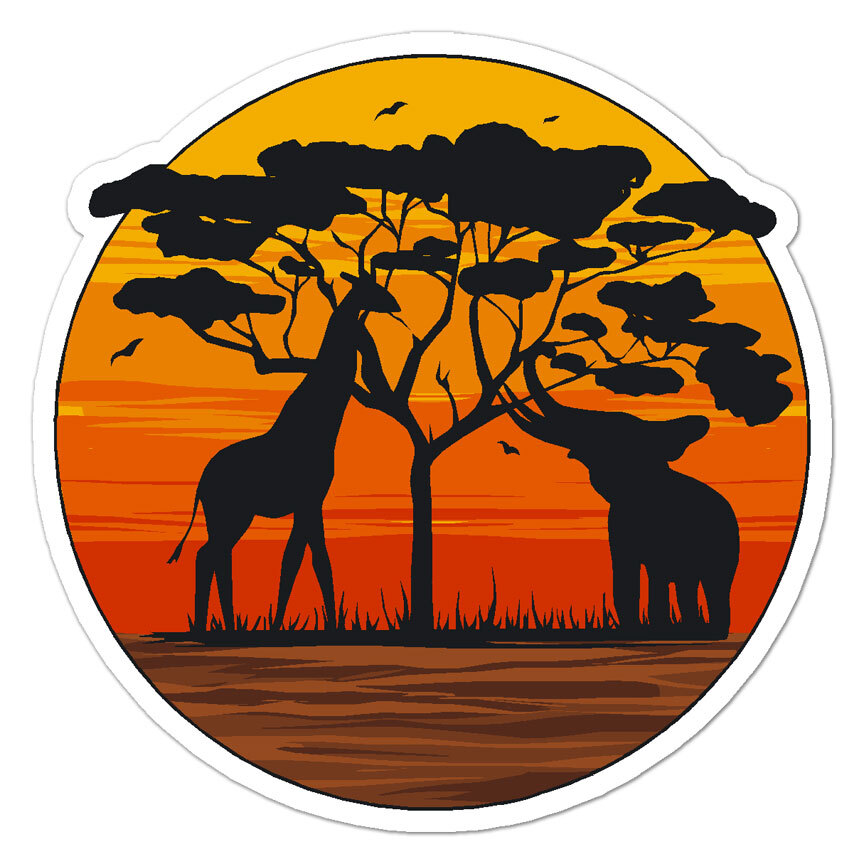 Giraffe Elephant Sunset, Vinyl Decal Sticker, Indoor Outdoor, 3 Sizes, #8899