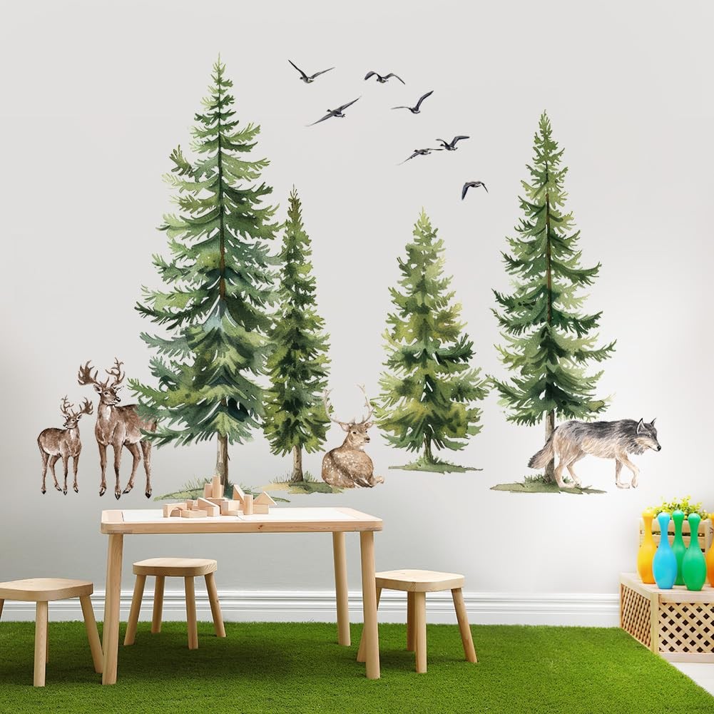Green Pine Tree Wall Sticker Woodland Animals Wall Decal Peel and Stick Fores…