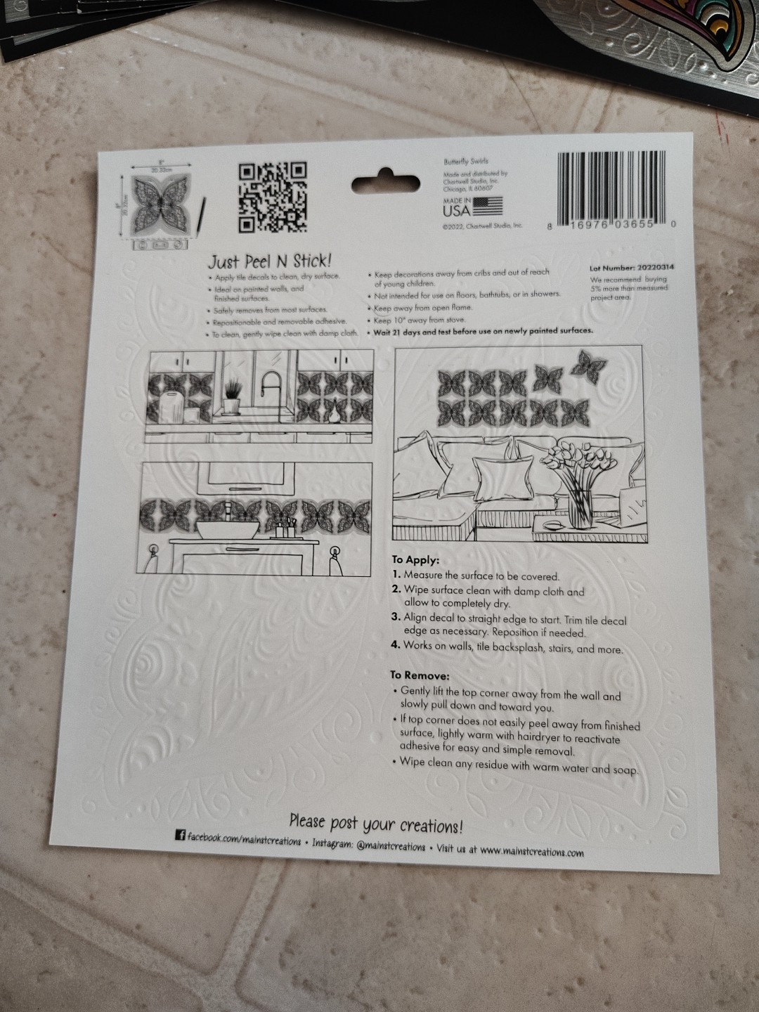Main Street Butterfly Peel and Stick Tile Decals – Lot of 12