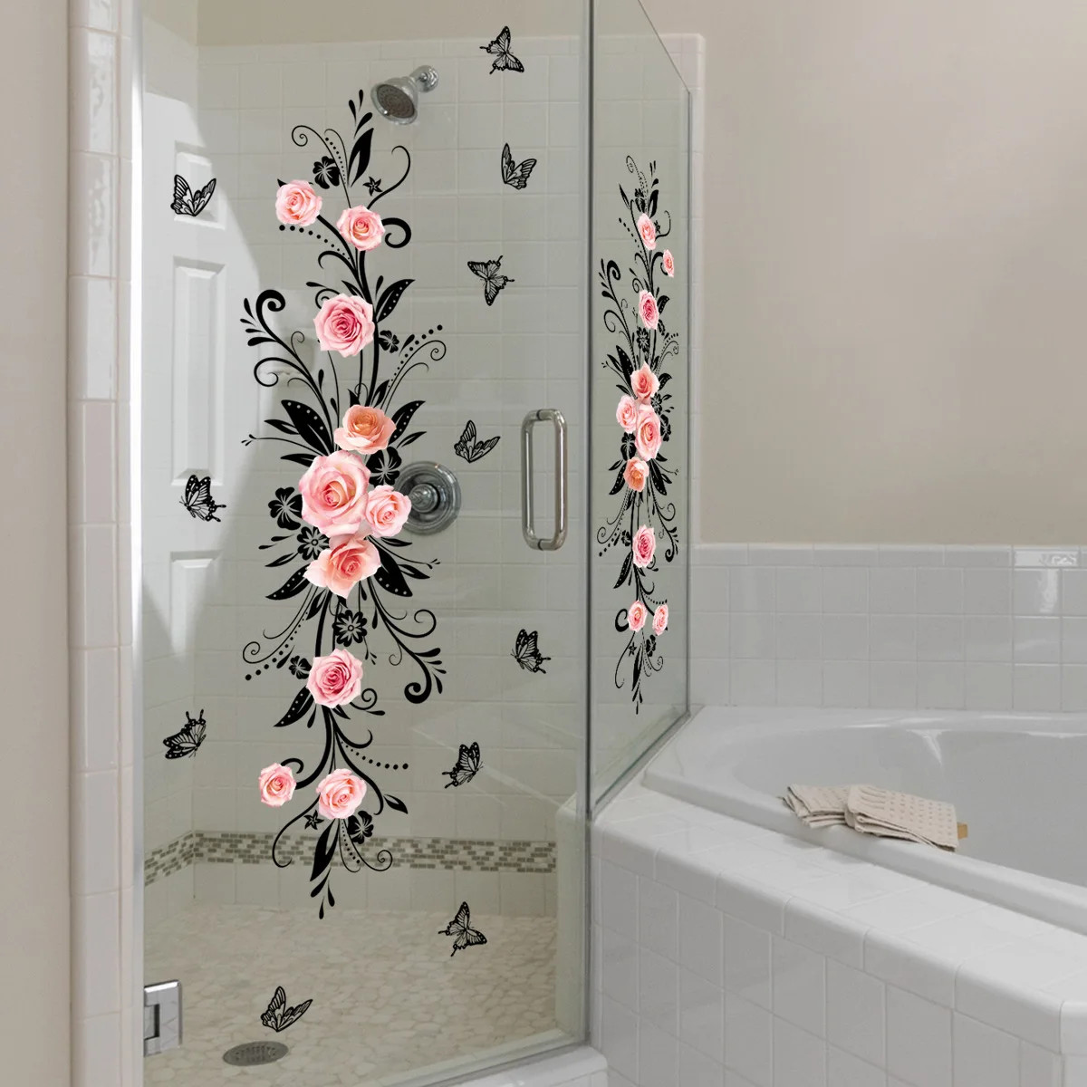 Pink Rose Black Butterfly Glass Clings Double-Sided Window Film Bathroom Decor