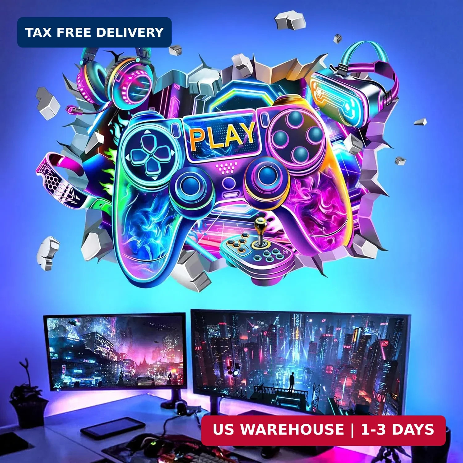 Large 3D Game Wall Decals Video Gaming Gamer Controller Joystick Wall Stickers