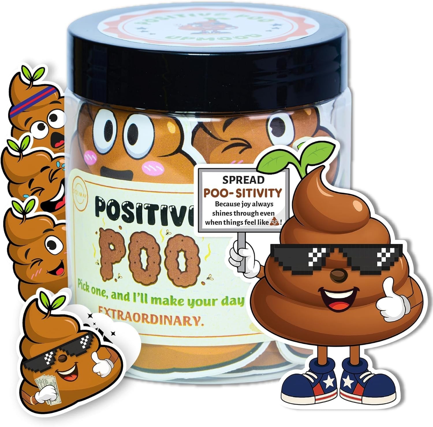Positive Poo Jar with 60 Funny Stickers & Standee – Great Gag Gift for Coworkers
