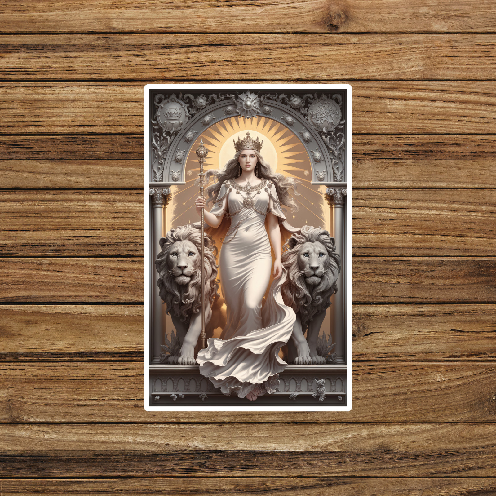 Regal Lioness Queen Goddess Art Print Fantasy White Gown Crown Lions #2141