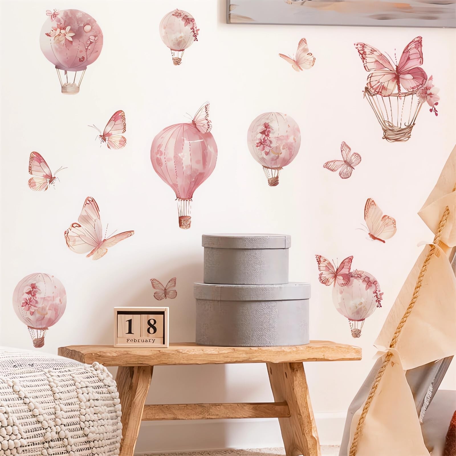 Pink Butterfly Hot Air Balloon Large Wall Stickers, sacinora DIY Art Wall Dec…