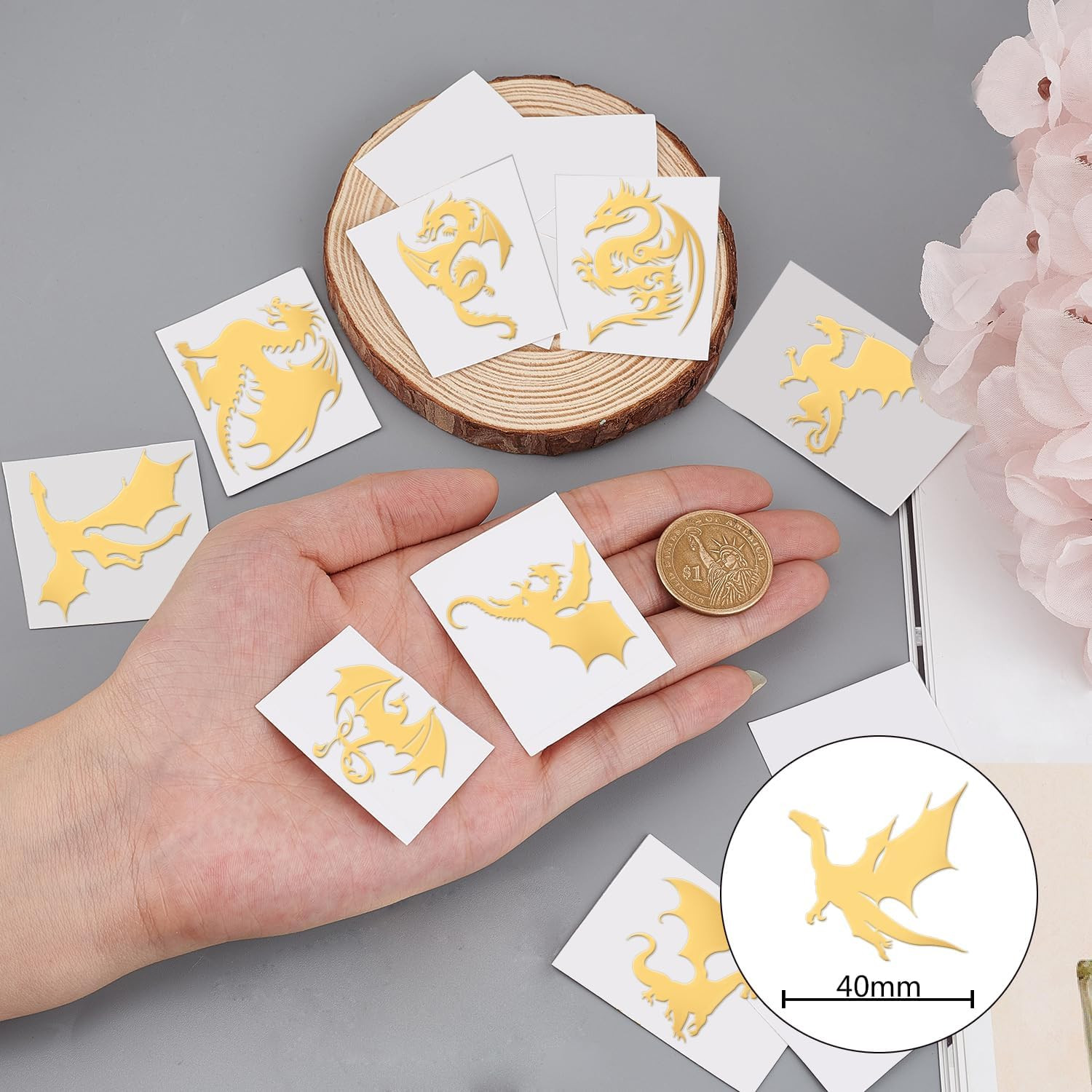 9 Pcs 1.6X1.6 Inch Dragon Pattern Stickers Self Adhesive Metal Stickers Golden S