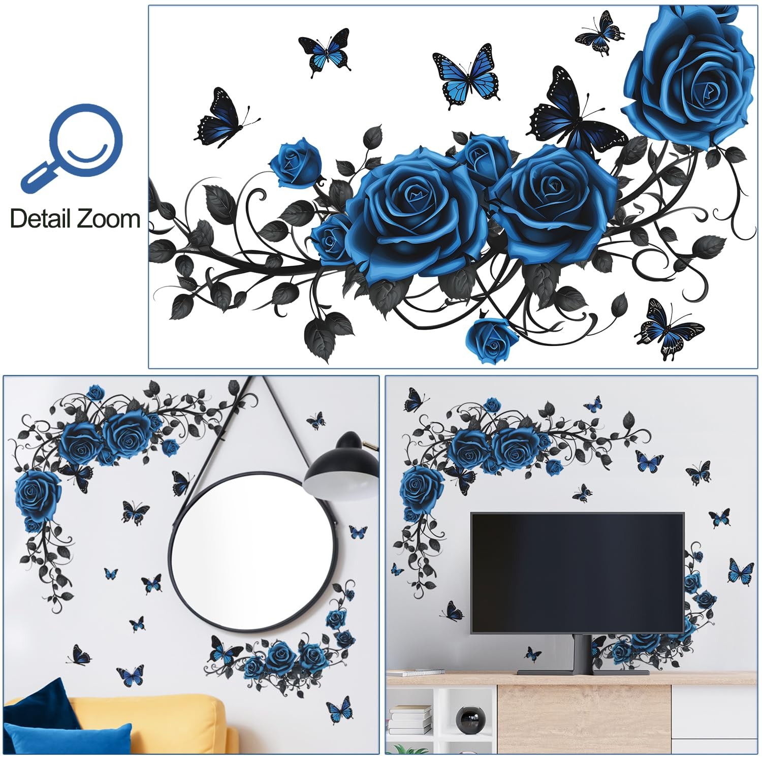 Removable Blue Floral Rose Wall Decor 3D Peel and Stick Flower Vine Black Pla…