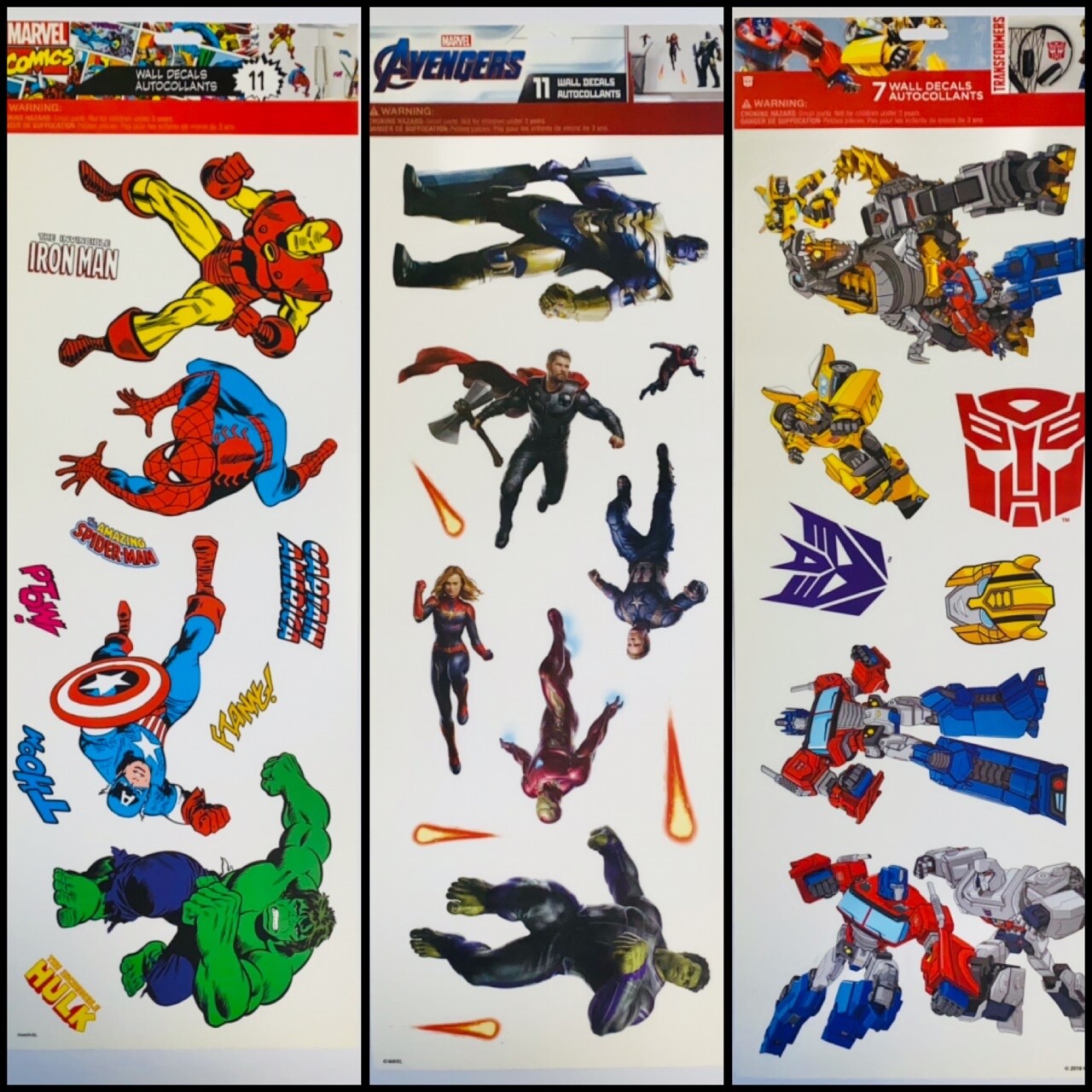 NEW 29 Wall Decals Marvel Super Hero and Transformers LOT 3 Sticker Sheets USA