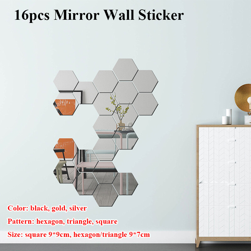 16pcs Hexagon/Triangle/Square Mirror Wall Sticker Acrylic DIY Adorn Home Decal