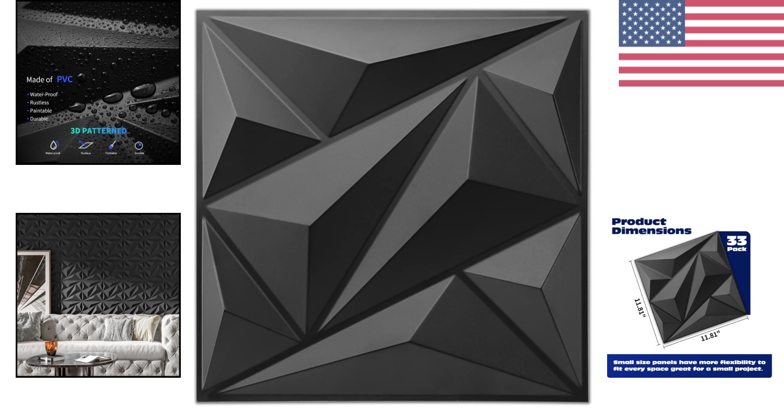 Interior Wall Décor 33 Pack 3D Diamond Panels Black PVC 32 Sq.Ft. Coverage