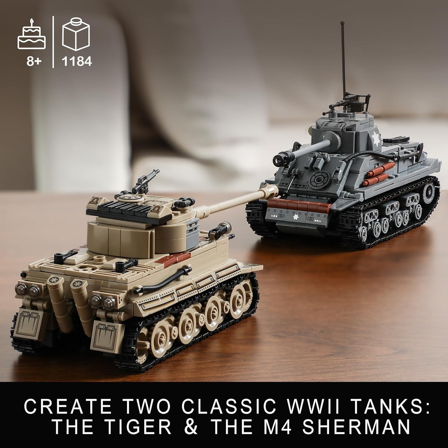 WW2 Tank Building Kit: Create German Tiger & US M4 Sherman with 1184 Blocks