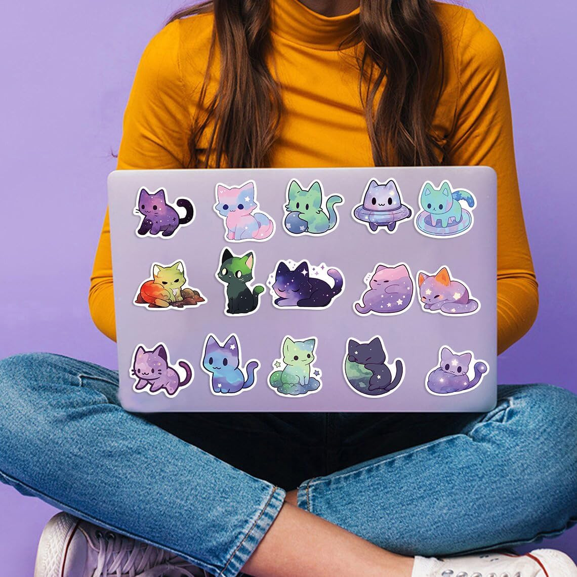 Cute Night Sky Cats Stickers for Kids Teens Adults, 50Pcs Cool Rainbow Starry Sk