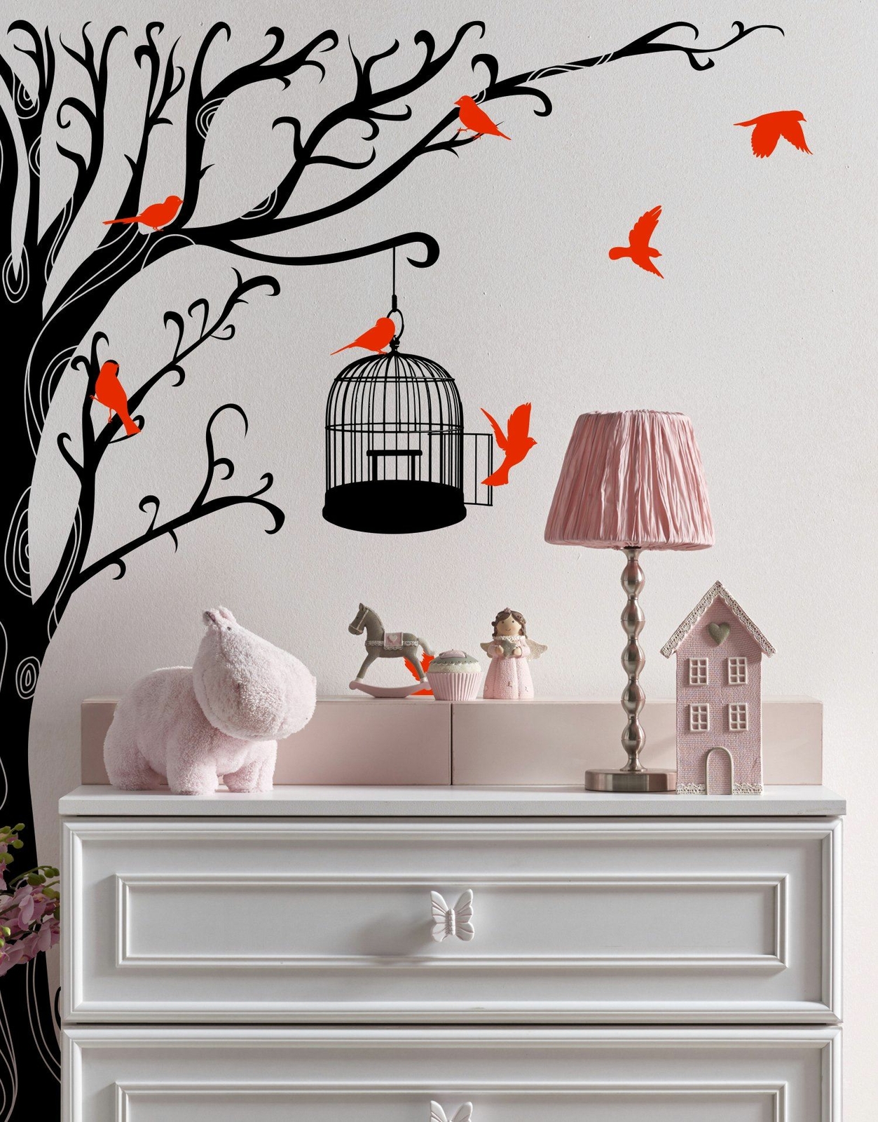 Swirly Tree with Bird Cage Wall Decal Sticker. #6148