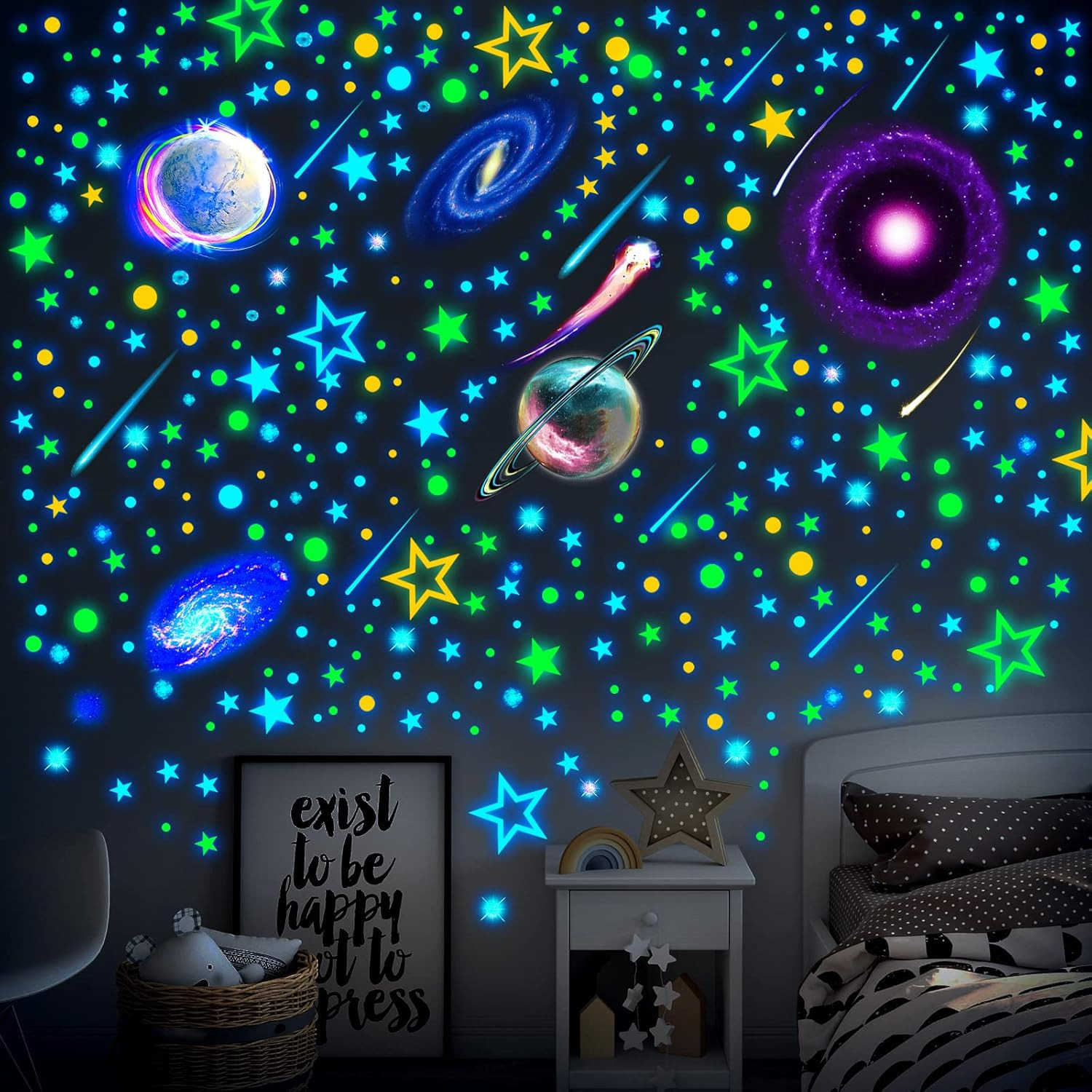 495 Pcs Glow in the Dark Moons and Stars Wall Decals for Ceiling,Glowing Planets