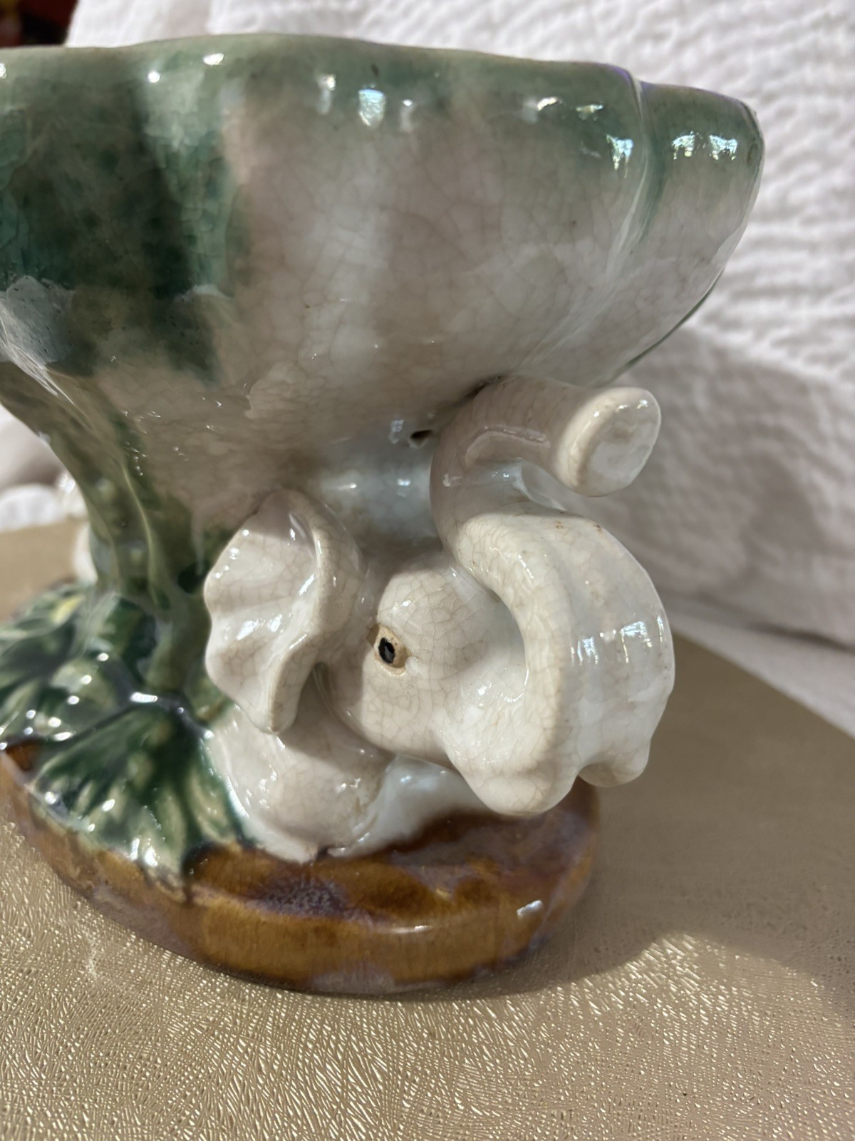 Vintage Italian Majolica Elephant Pedestal Centerpiece Fruit Bowl