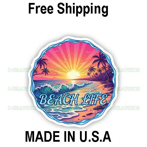 Beach Life Vinyl Decal Sticker Water Waves Palm Trees Sunrise E