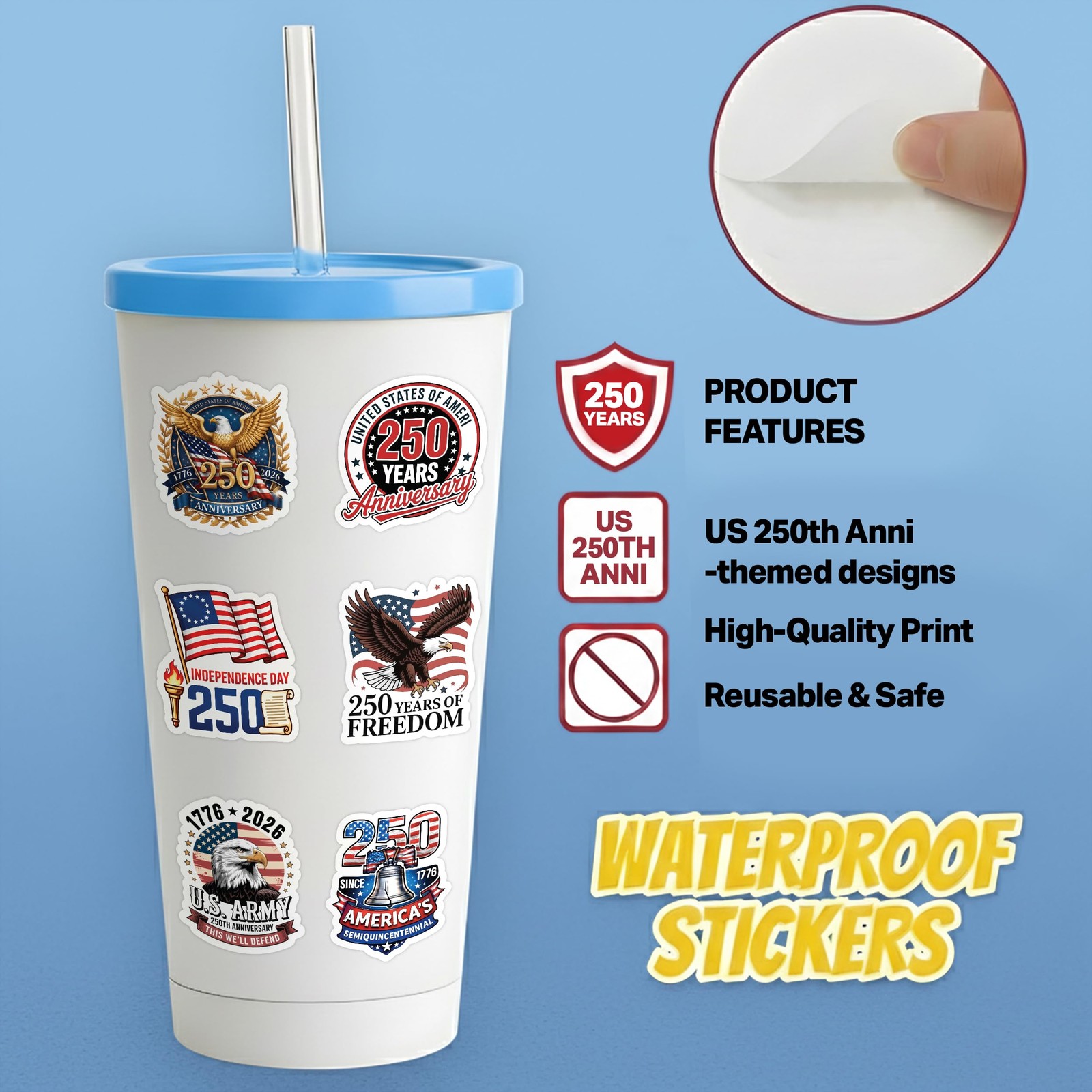 America 250th Anniversary Stickers (24 PCS), 250th Anniversary USA Stickers 1776