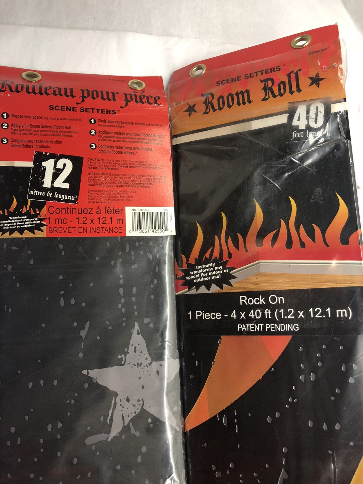 2- PACK of Scene Setters Room Roll 40 Ft Long Skull/flames Decoration Bday Party