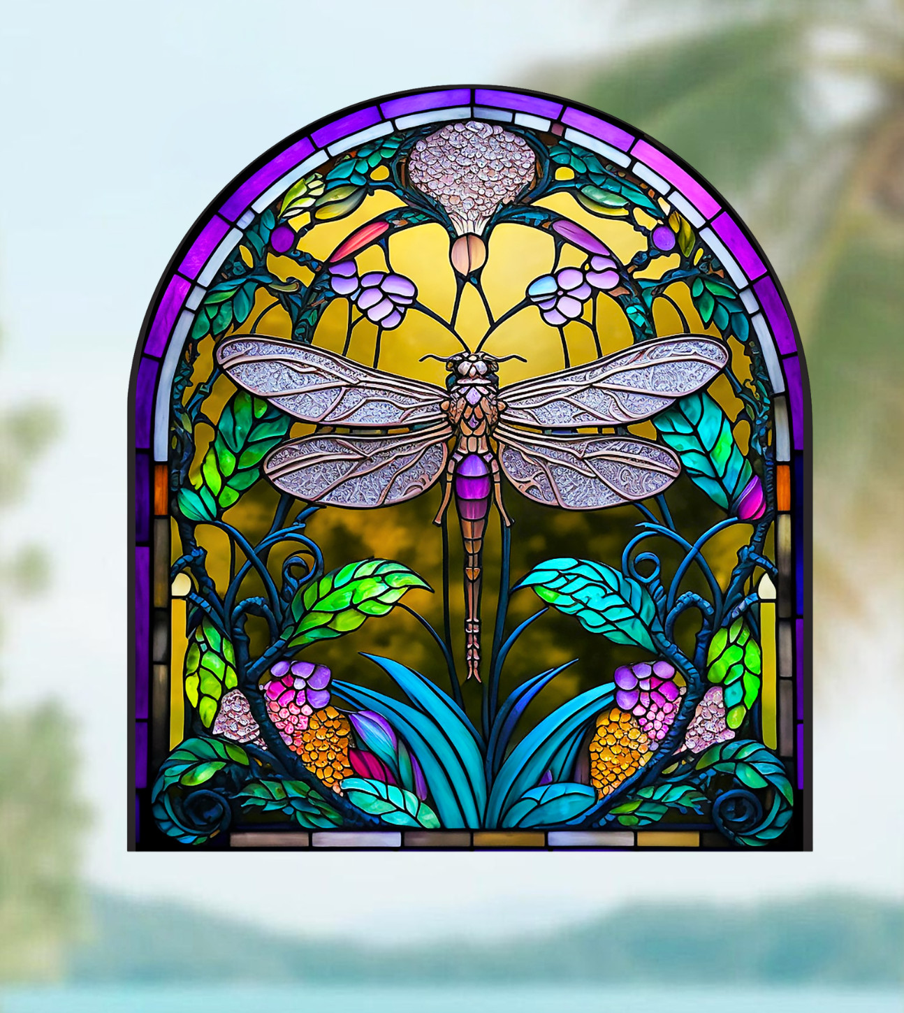 Dragonfly Faux Stained-Glass WINDOW CLING Size 9" Arch Shaped Vinyl