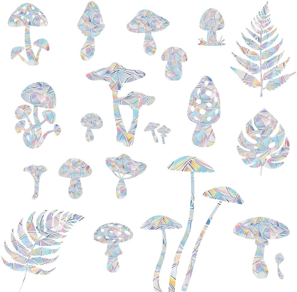 28PCS Rainbow Mushroom and Leaf Window Decals to Prevent Bird Strikes, Anti-Coll