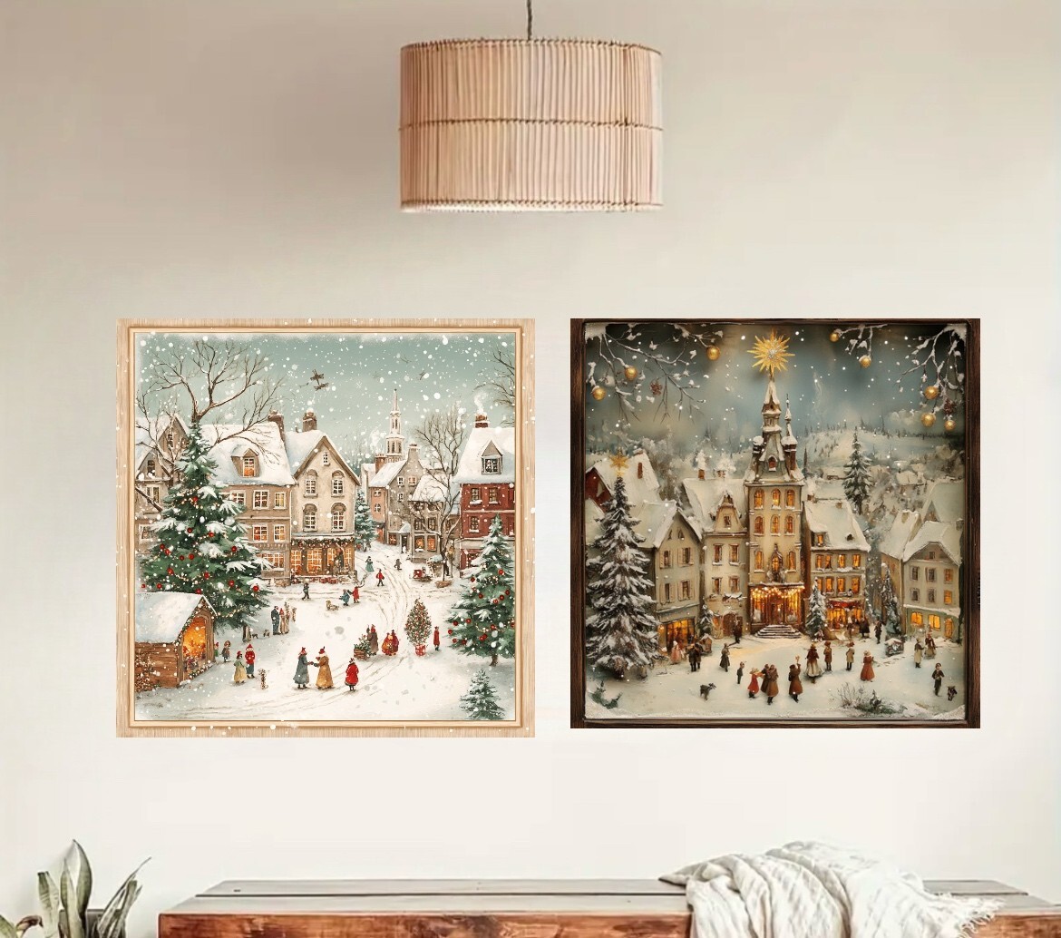 2PC 18ix18inch Winter Paint decal with frame style, wall mural, Holiday Wall De