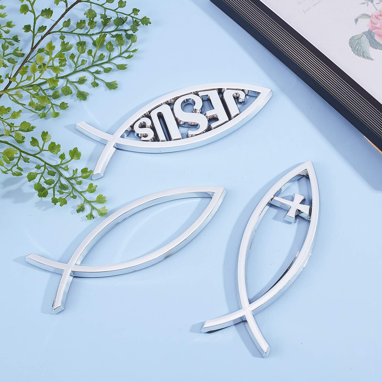 3PCS Silver Jesus Fish Car Emblem 5.5×1.8in Plastic Christian Fish Sticker fo…