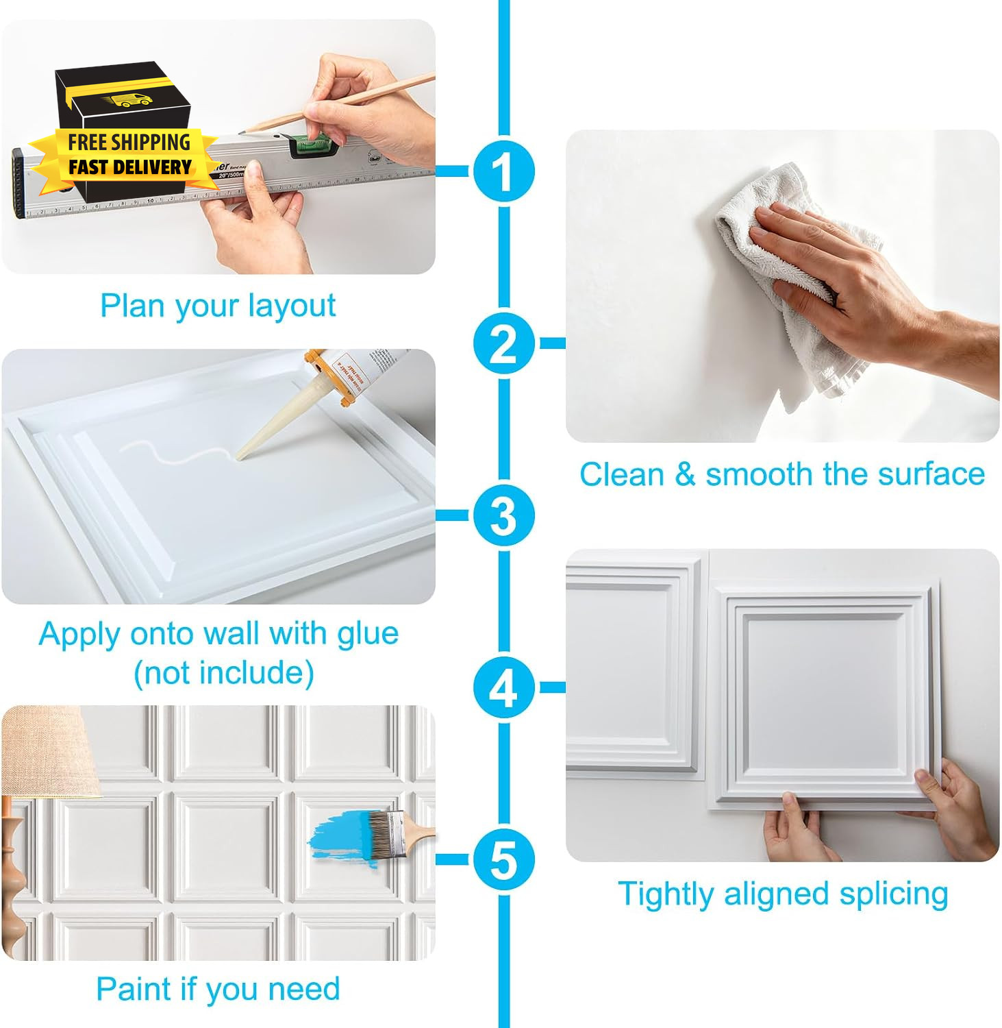 33-Pack Accent 3D Textured Wall Panels, 11.8 X 11.8 In, White | Wipe Clean, PVC,