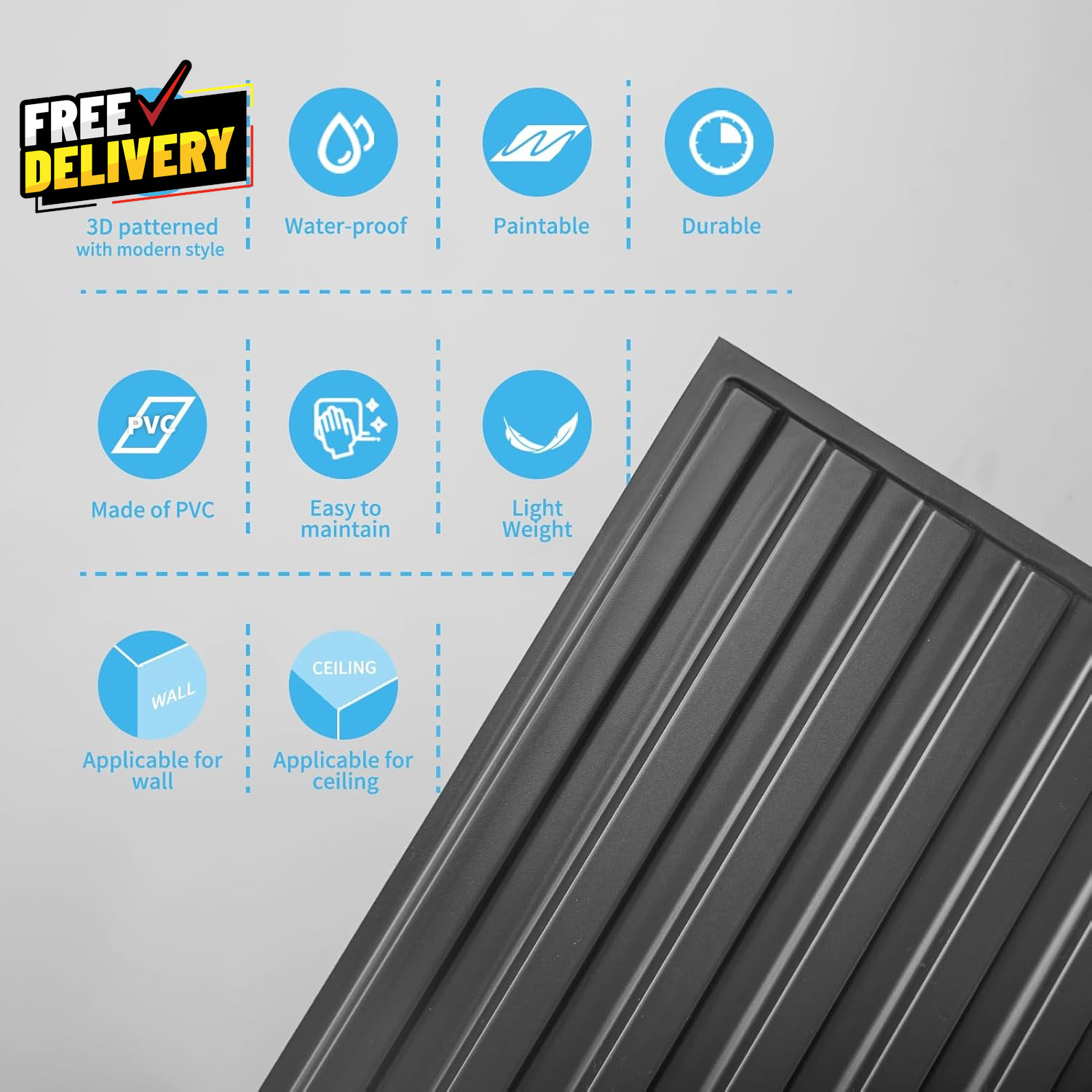 6 Pack 3D Slat Wall Panels 2x4ft PVC Decorative Ceiling Tiles Black