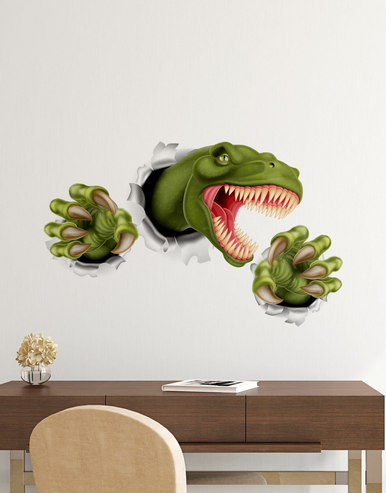 T-Rex Dinosaur Jumping out of wall. 3D Graphic Wall Decal Sticker. Peel and Stic