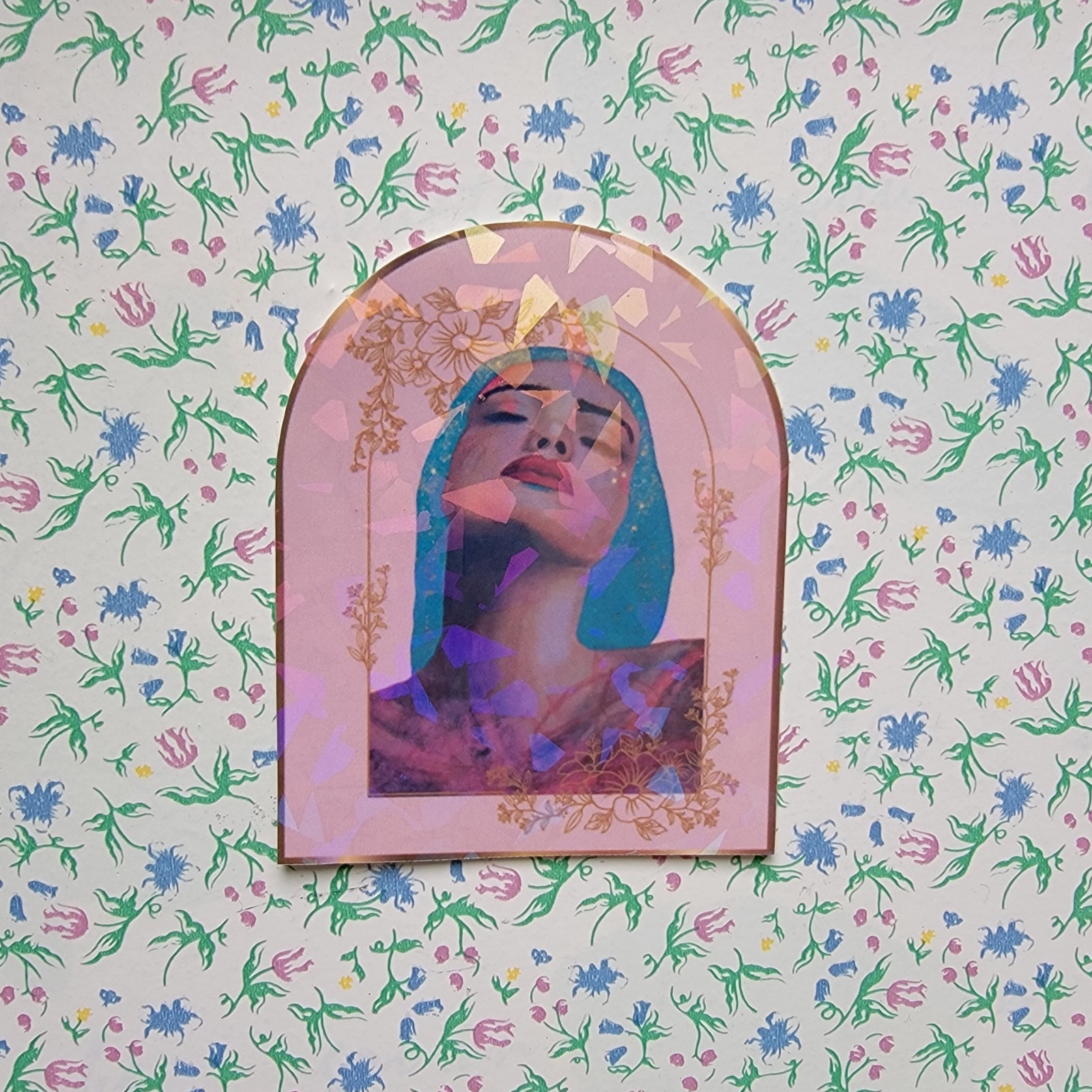 Pink Holographic Woman Sticker Original Painting Vinyl for Laptop Waterbottle