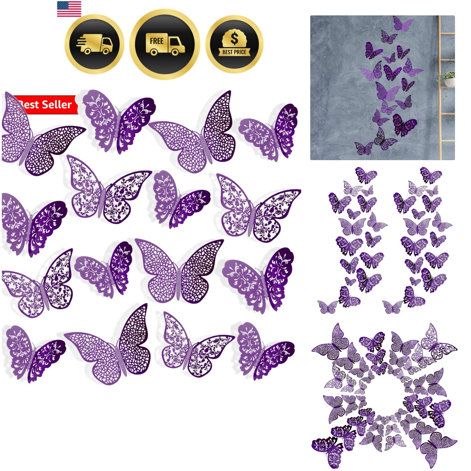 72 Pieces 3D Butterfly Wall Decals Sticker Decal Wall Decor Art Decorative St…