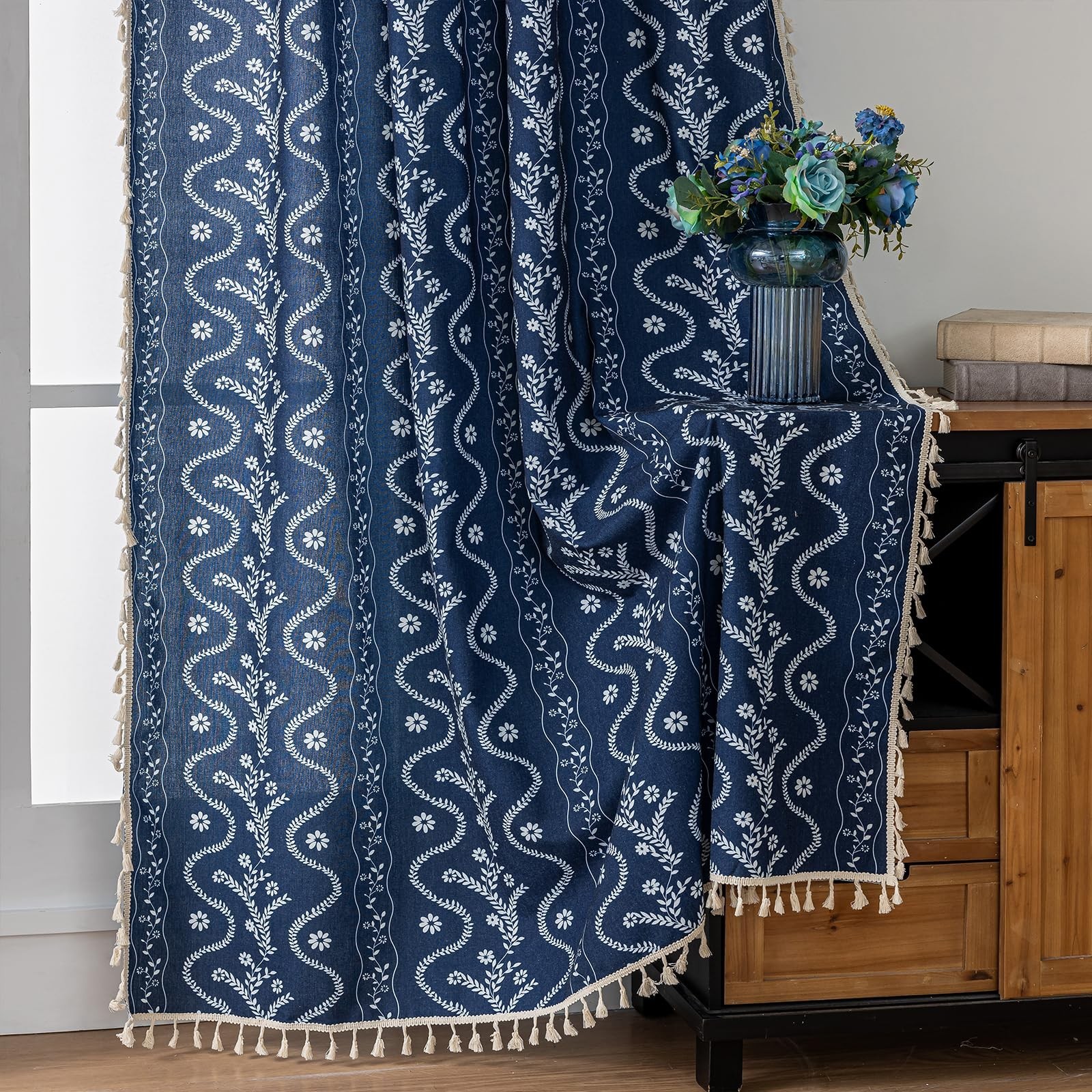 Navy Blue Boho Curtains 84 Inch Long for Living Room, Bedroom, 2 Panels Flora…