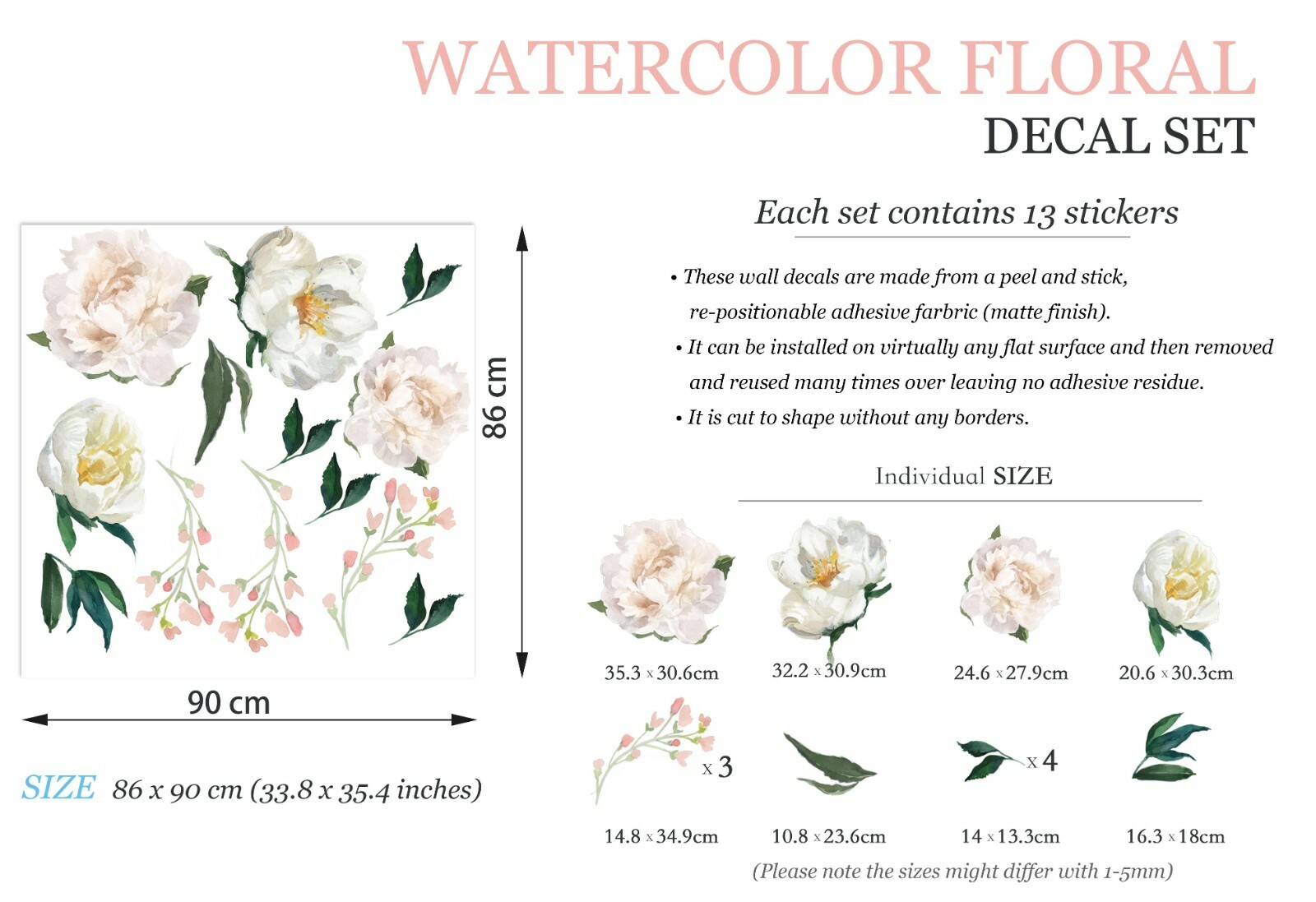 Floral Vintage Hibiscus Removable Wall Fabric Decal Set Sticker Blooms Decor