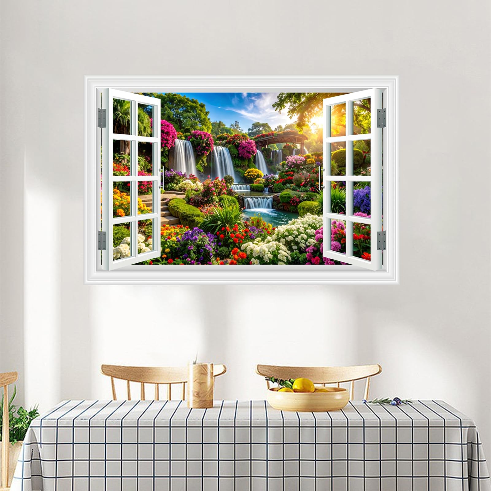 Fake Window Wall Sticker Decals- Morning Garden Flowers Waterfall Natural Sce…