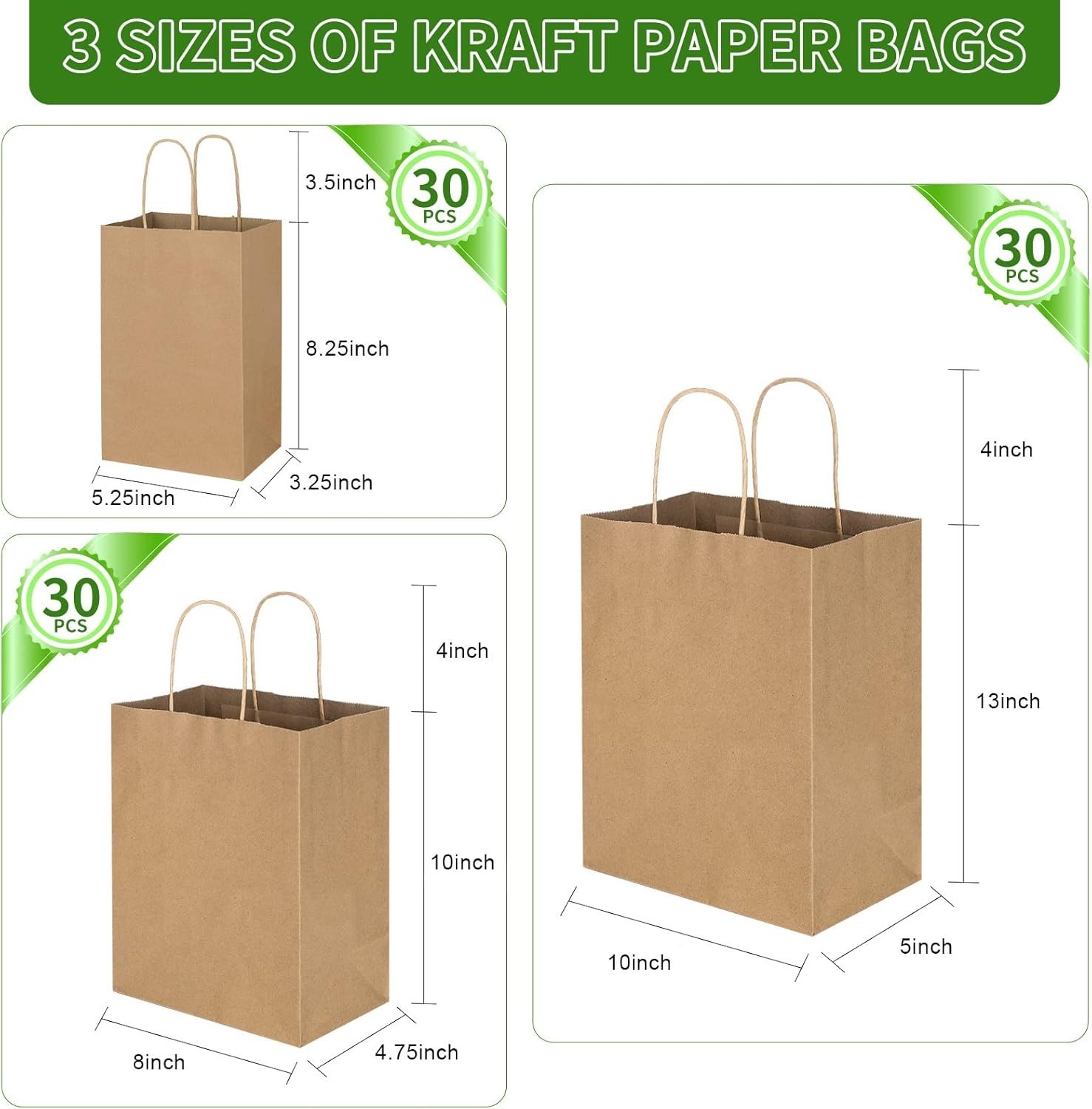 90 Pack Plain Brown Kraft Paper Bags with Handles Bulk, Multiple 3 Assorted S…
