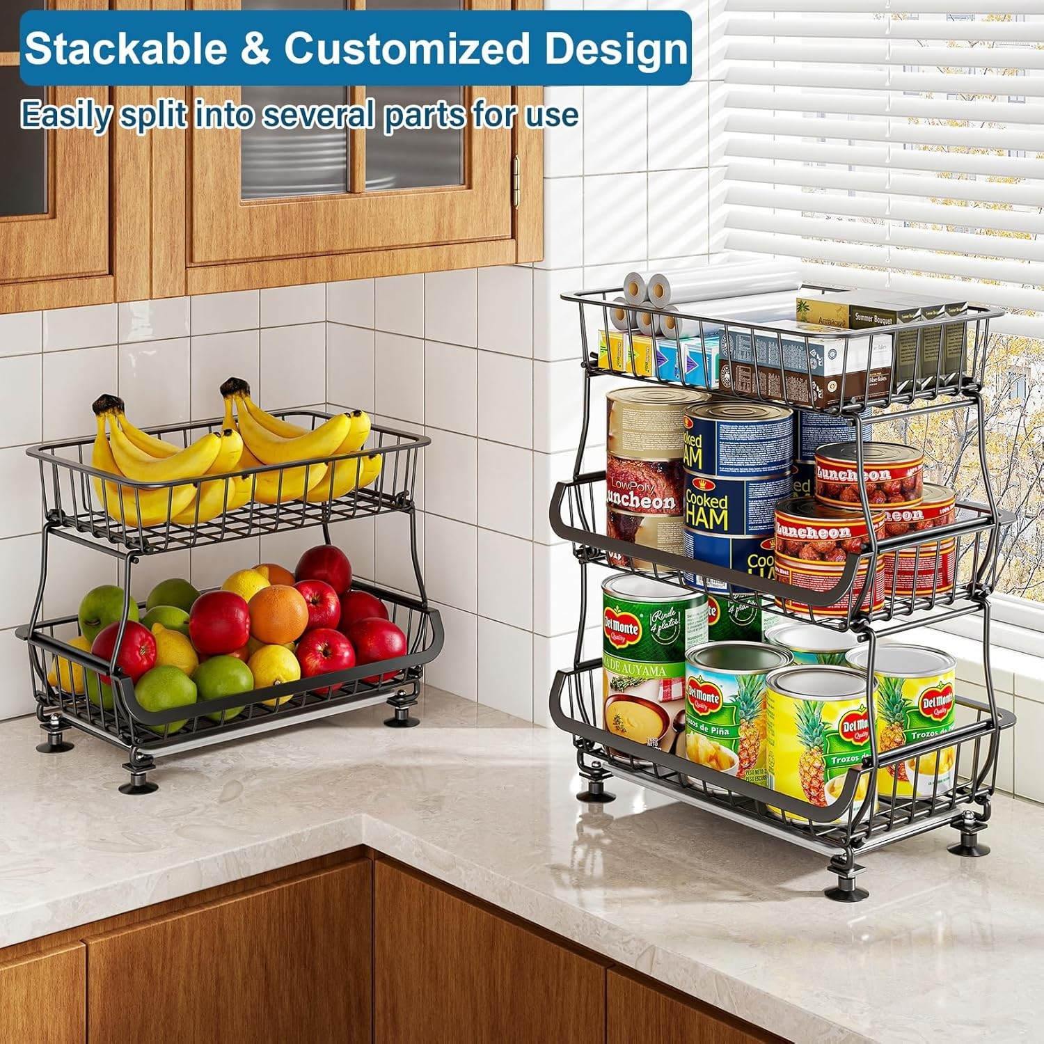 Pantry Storage Cart Fruit Basket Stand 3 Tier Stackable Wire Basket Organizer