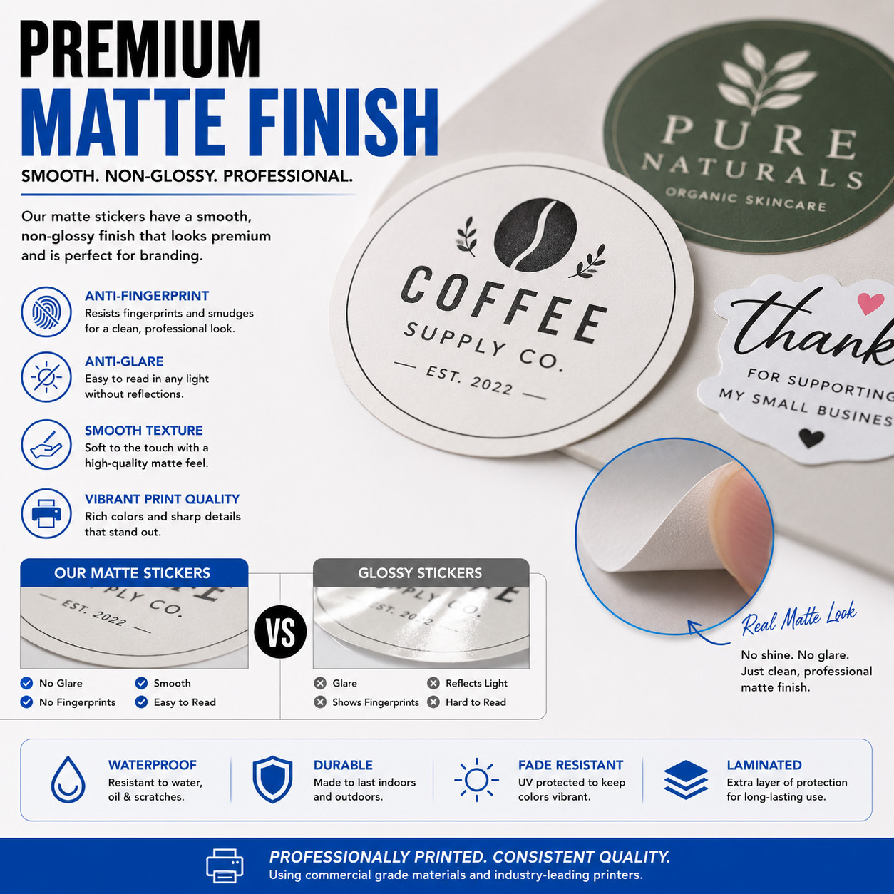 Custom Logo Stickers Matte Vinyl Labels Business Branding Decals 1-6" Bulk