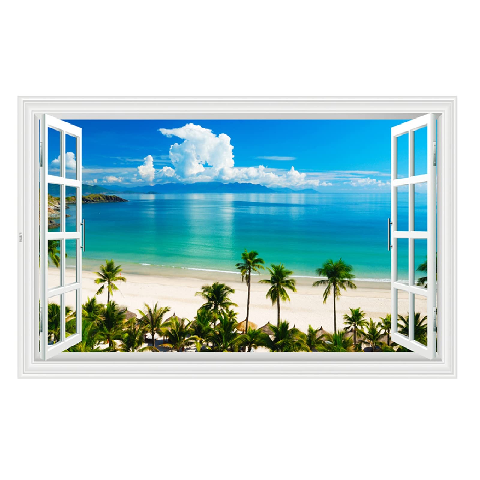 Kiddale Fake Windows Wall Sticker, Removable 3D Beach Seascape Blue,white
