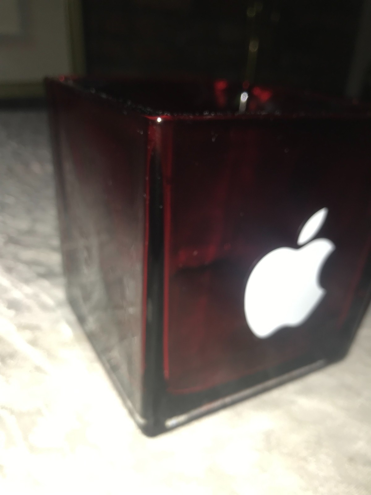 APPLE Inc. WHITE Iconic LOGO Red HEAVY Glass VASE Planter BOWL 4¾" SQUARE Cube