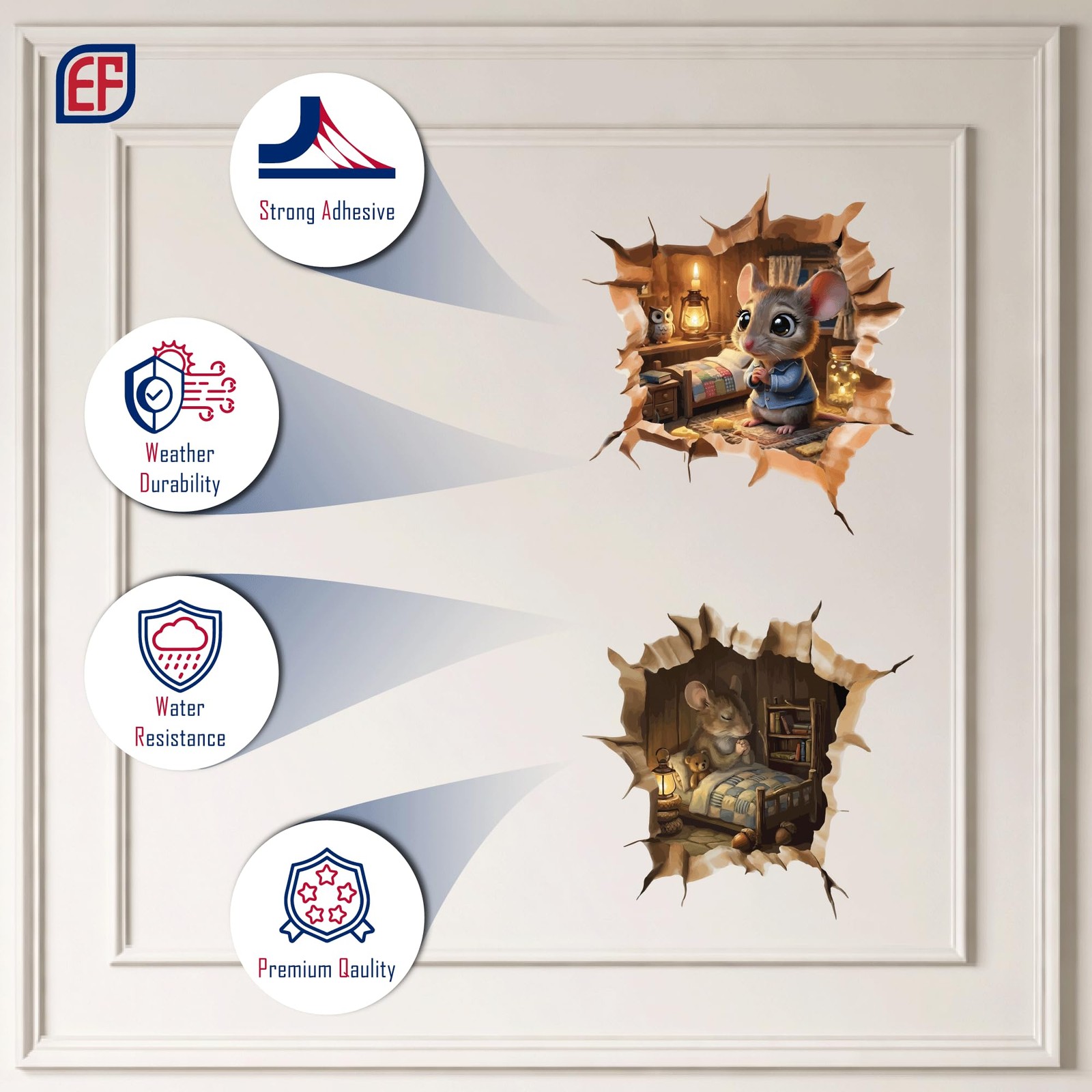 Hole Wall Stickers for – 3.5" x 3.2" Pack of 4 – 3D Peel & Stick Mousehole Dé…