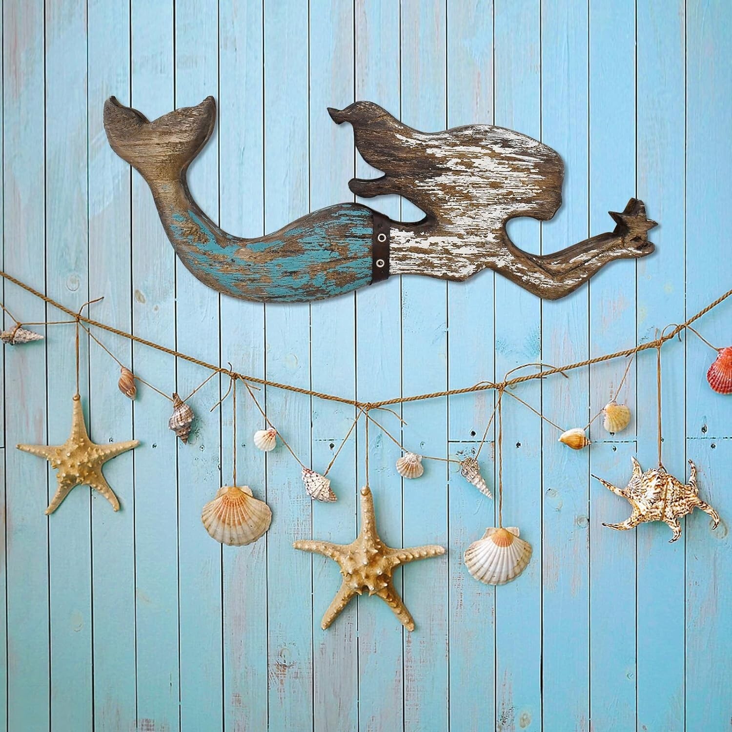 Nautical Decor Wood Hanging Mermaid Wall Art Coastal Decorations(B)